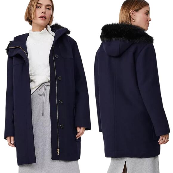 Ann Taylor Weekend Collection Faux Fur Trim Wool Duffle Coat Blue Size M - Picture 1 of 12